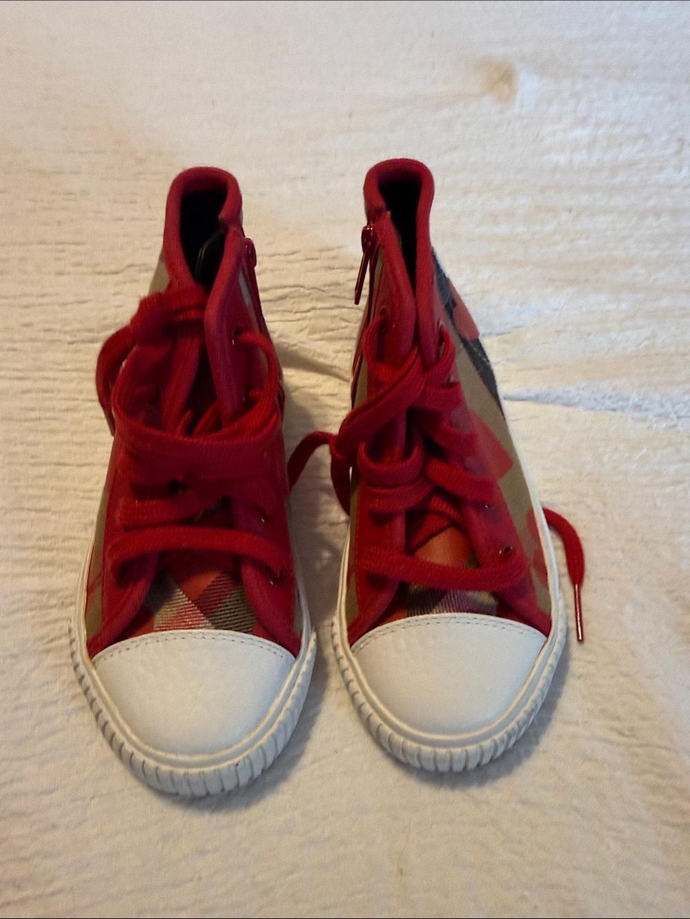 Burberry Red Plaid Kids High-Top Sneakers